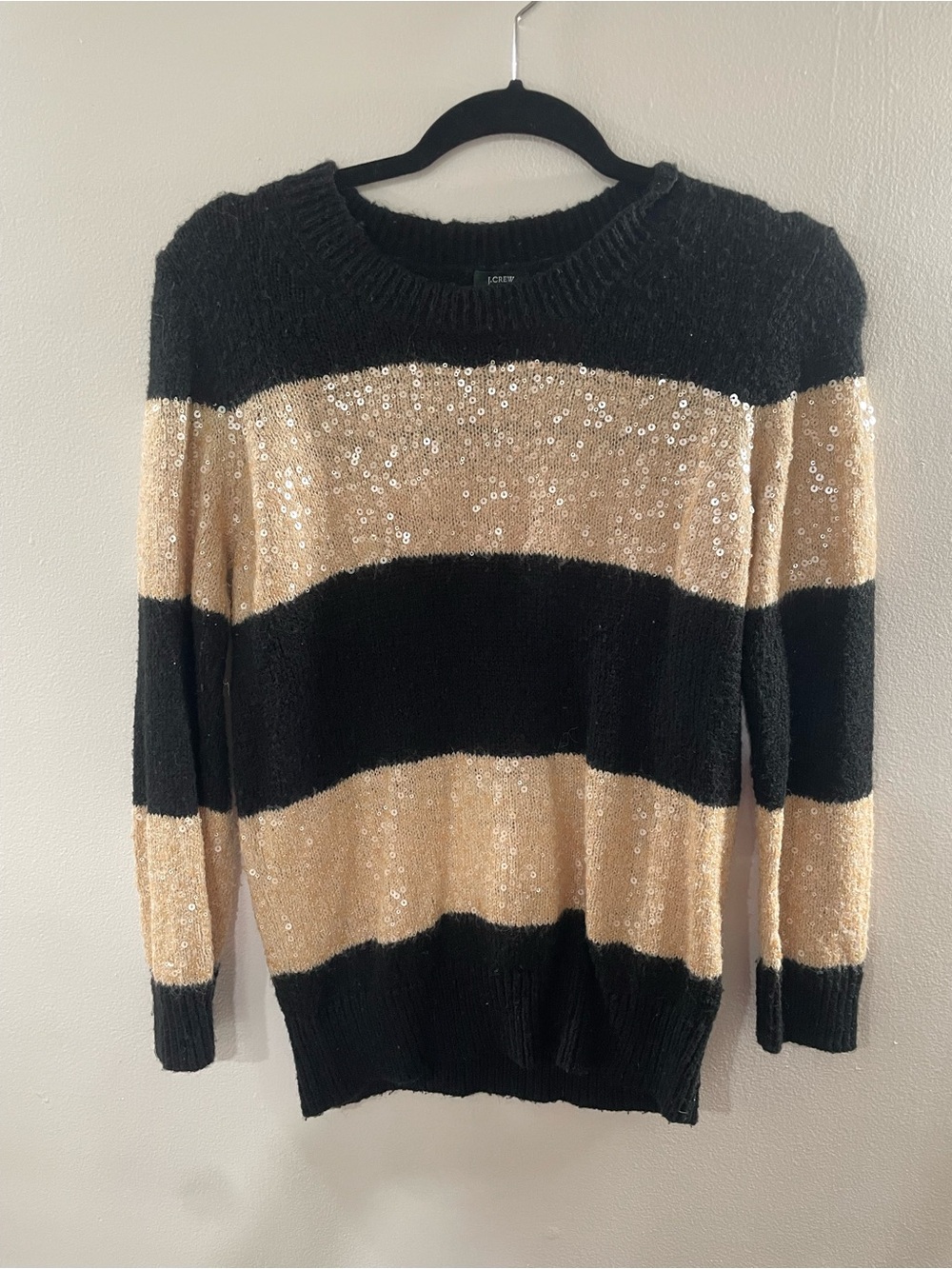J. Crew Black and Gold Striped Sequin Crewneck Sweater